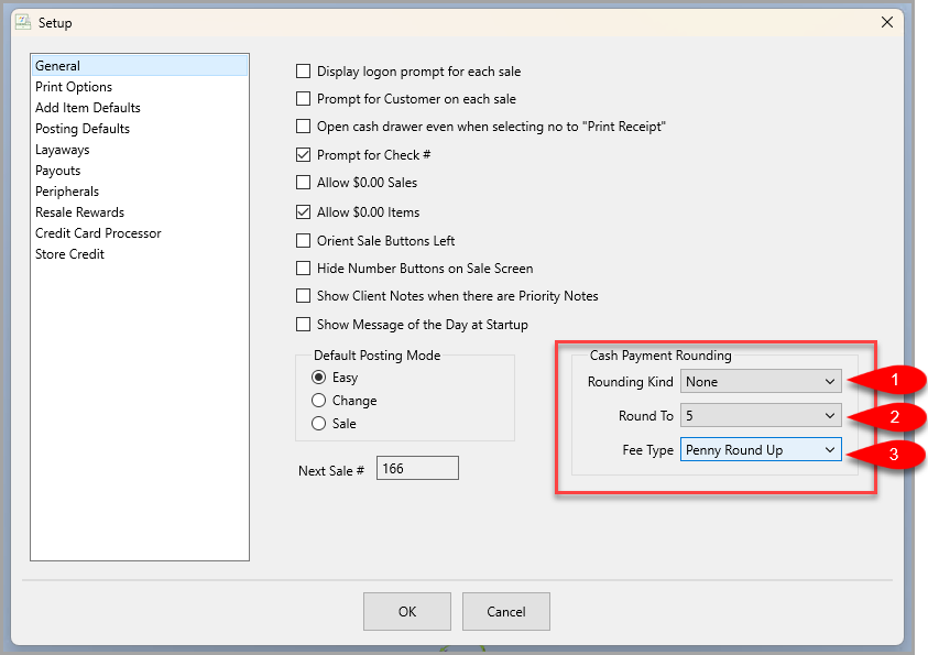 Setup General, Cash Payment Rounding disabled with Rounding Kind set to None