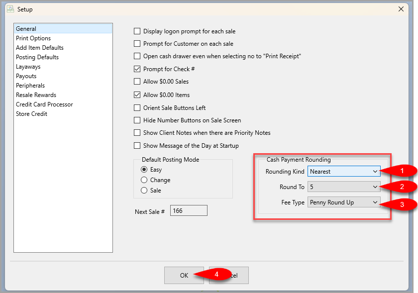 Setup General, Rounding Kind set to Nearest with penny rounding enabled