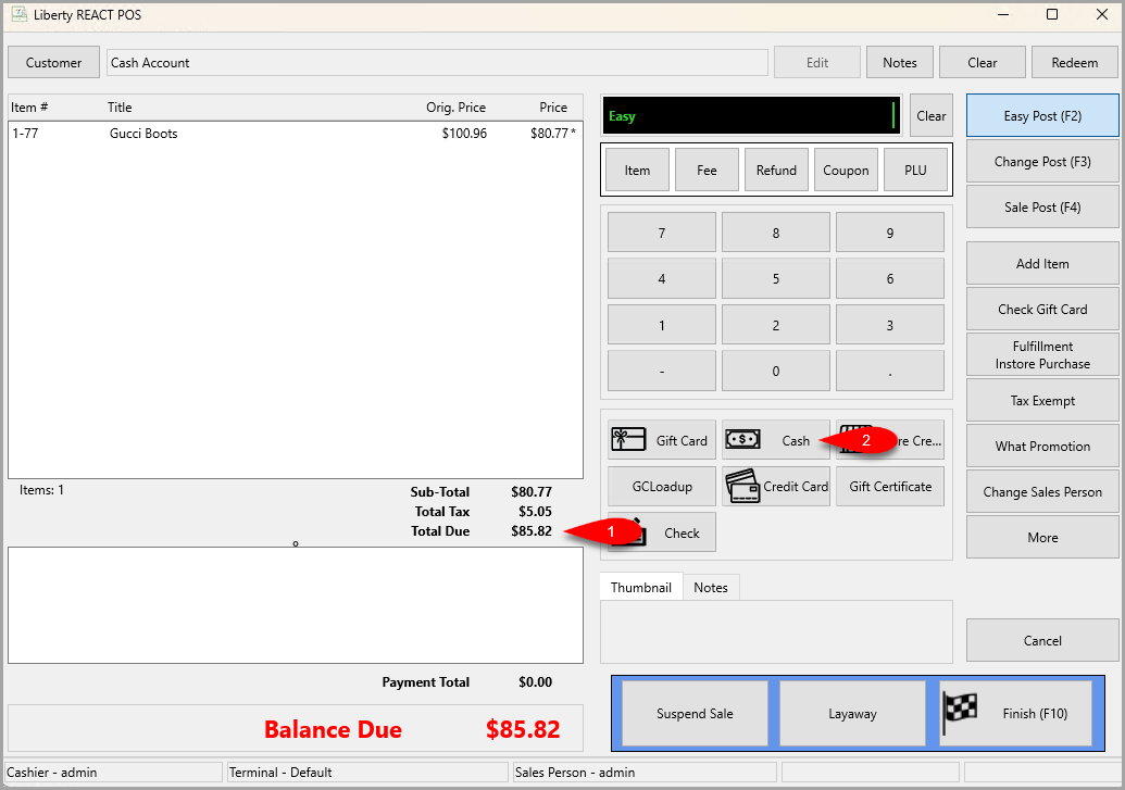 Transaction showing original total of $85.82