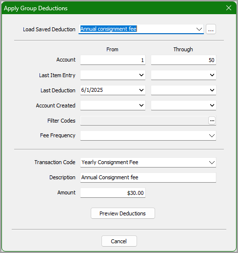 Apply Group Deductions dialog with a saved deduction loaded Apply Group Deductions dialog with a saved deduction loaded