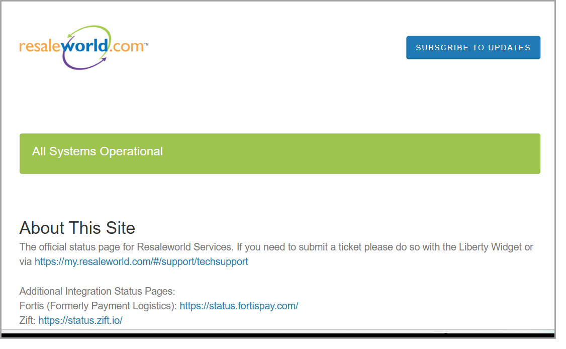 The top of the Status Page: overall banner, About section, and links to third-party integration status pages The top of the Status Page: overall banner, About section, and links to third-party integration status pages