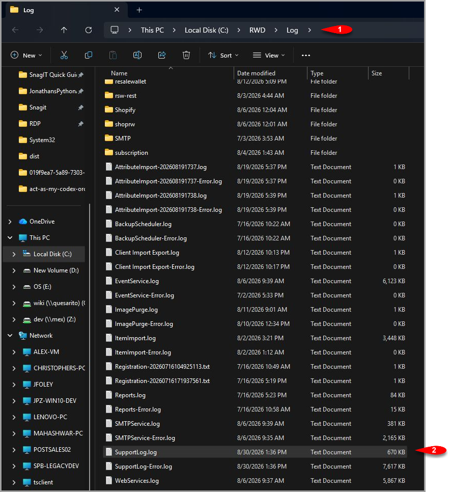 Open the Log folder and choose the current or dated Support Log Open the Log folder and choose the current or dated Support Log