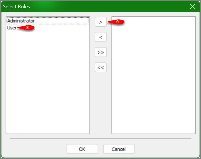 Select User and move it to the assigned roles list Select User and move it to the assigned roles list