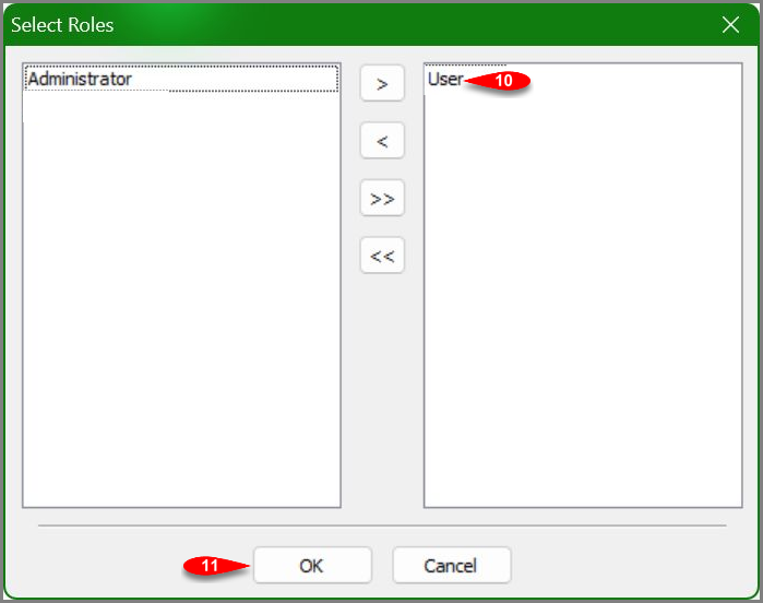 Confirm User in the assigned roles list and click OK Confirm User in the assigned roles list and click OK