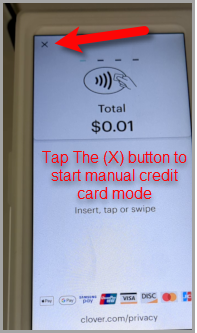 On the terminal shown, tap the top left X to switch to manual card entry.